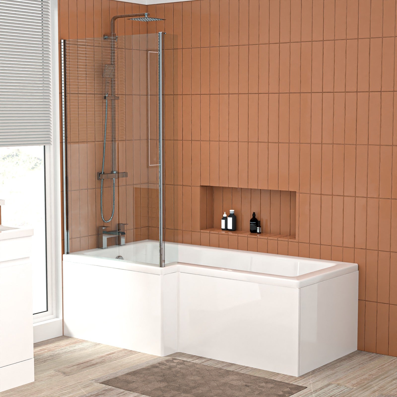 L-Shaped Left Hand Bath Set, Panel, Bath Screen, CC Toilet, 600mm Freestanding Vanity