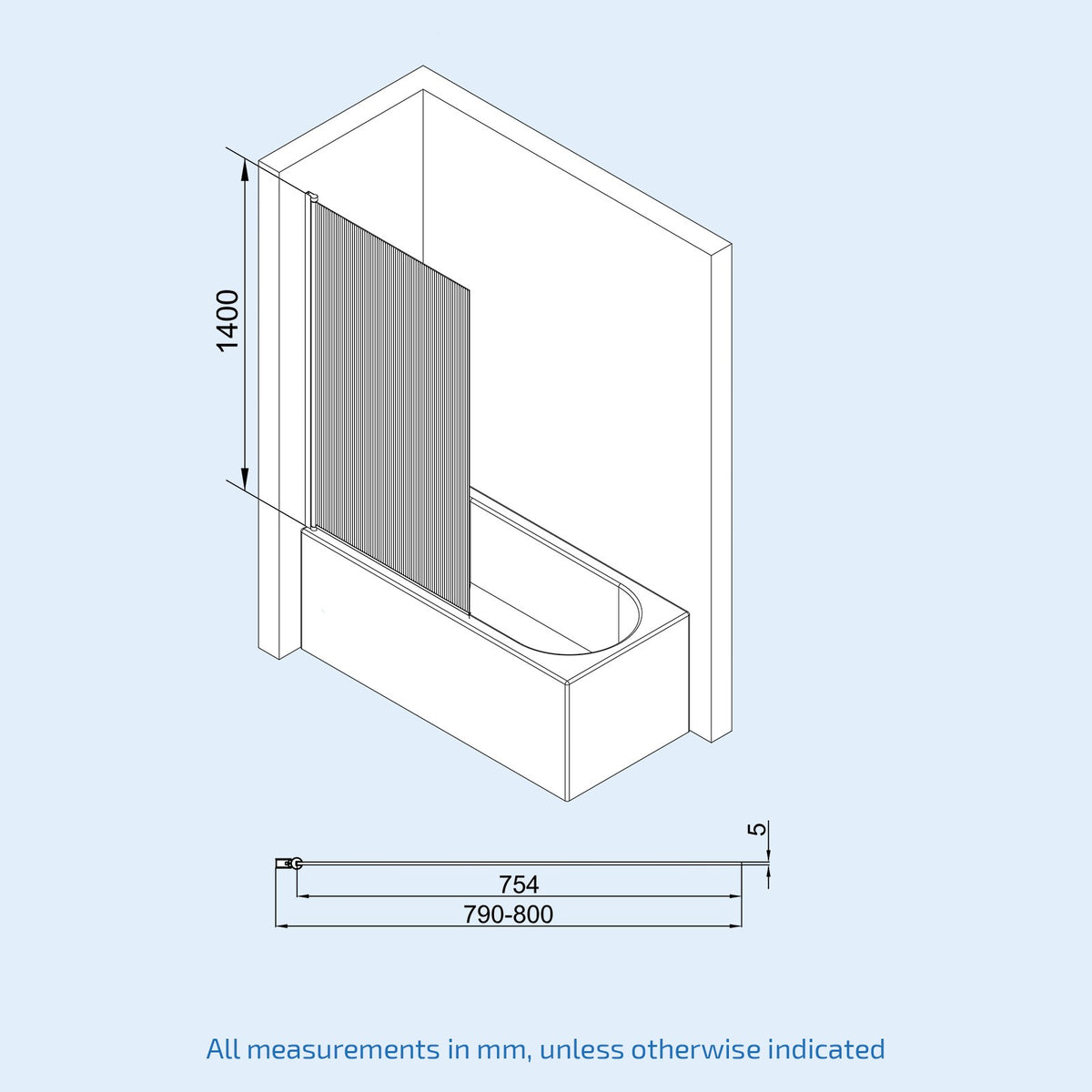 800mm Fluted Bath Screen, Easy Clean Chrome Aluminum and Parts