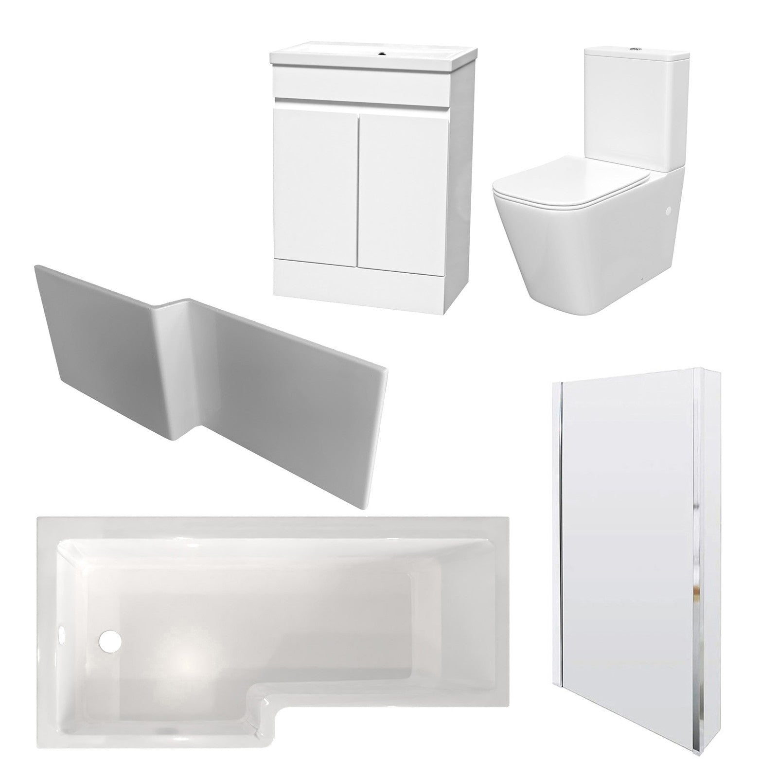 L-Shaped Left Hand Bath Set, Panel, Bath Screen, CC Toilet, 600mm Freestanding Vanity