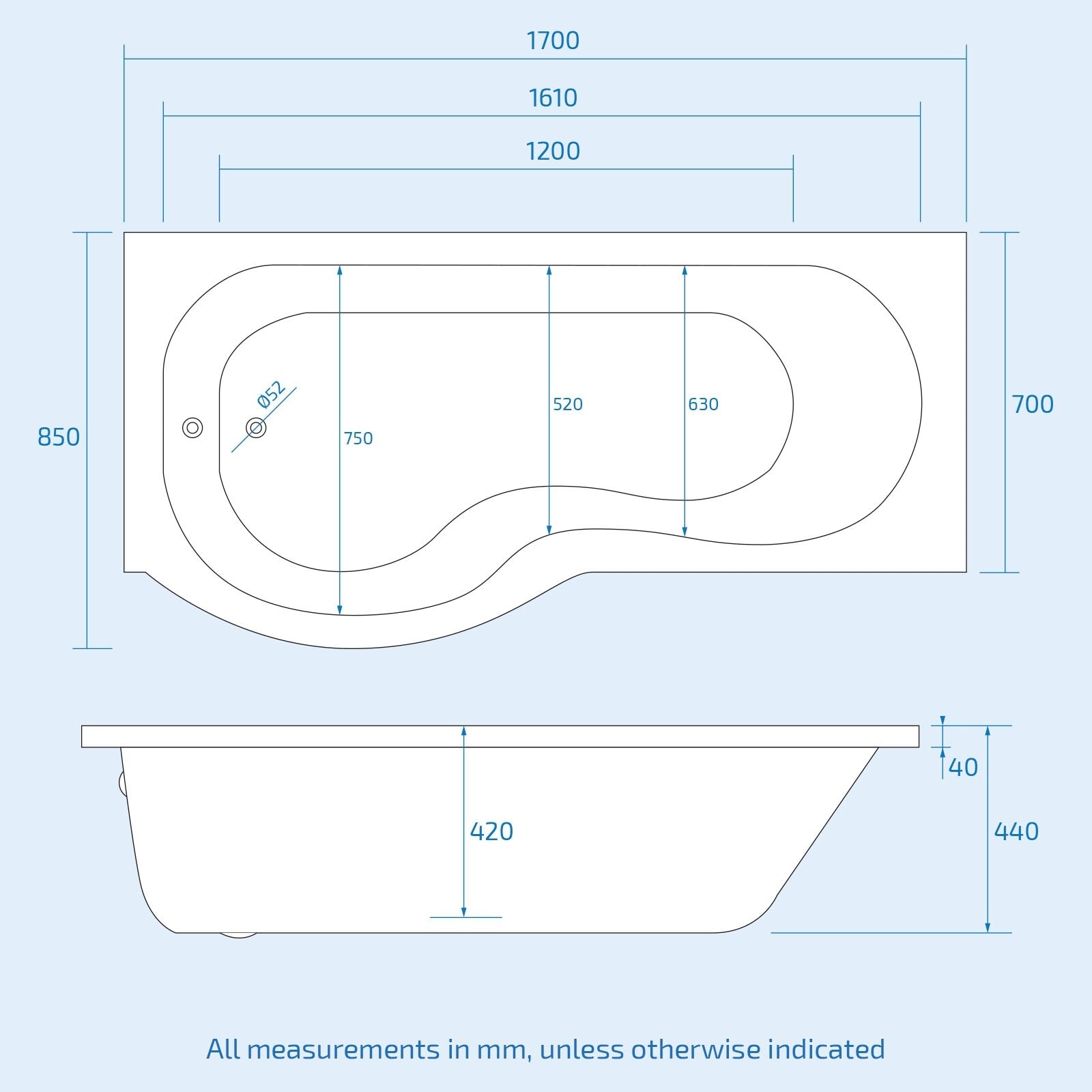 Diamond 1700 x 700mm P-Shaped Shower Bath with Bath Screen Left Hand
