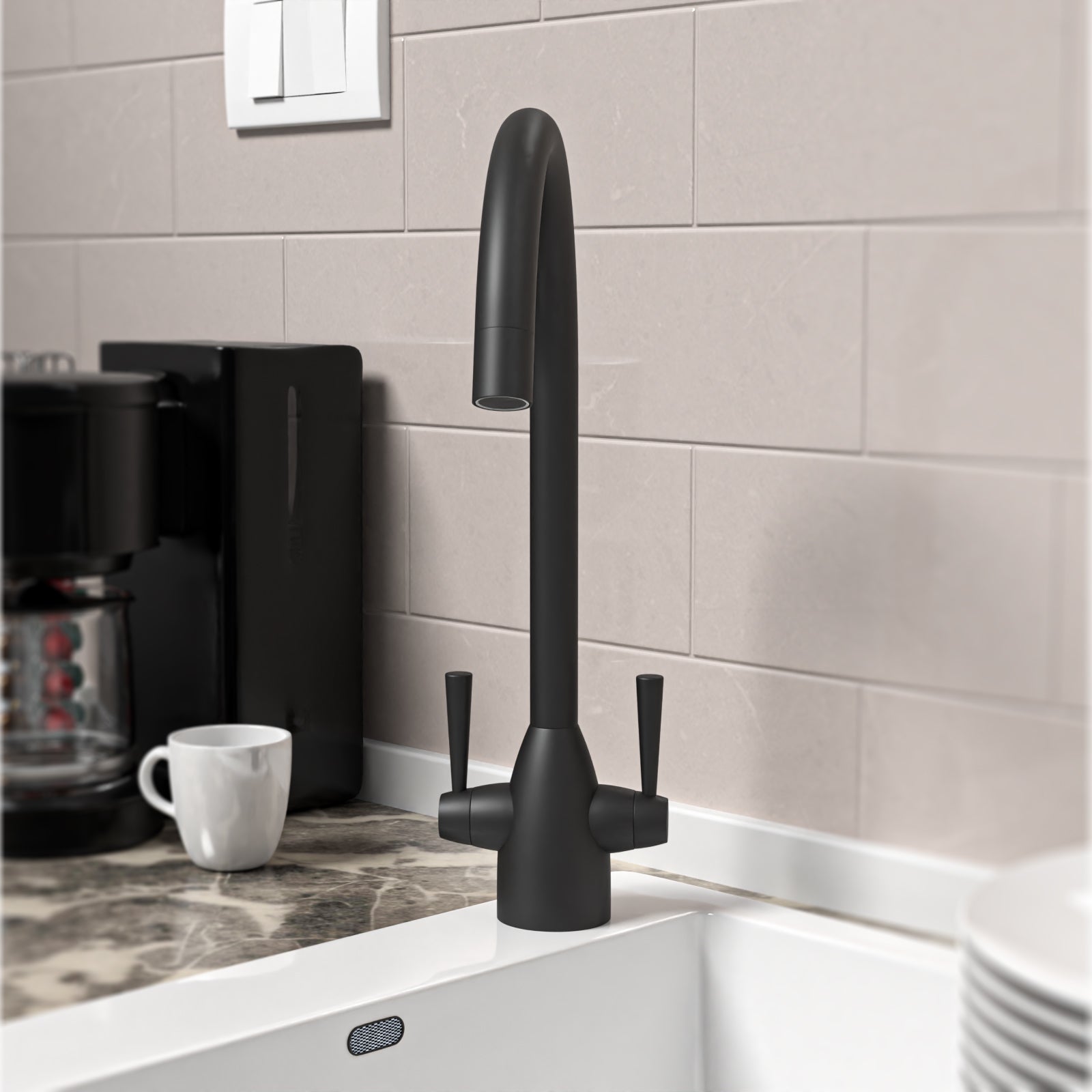 Matt Black Modern Kitchen Sink Swivel Mixer Tap Dual Lever