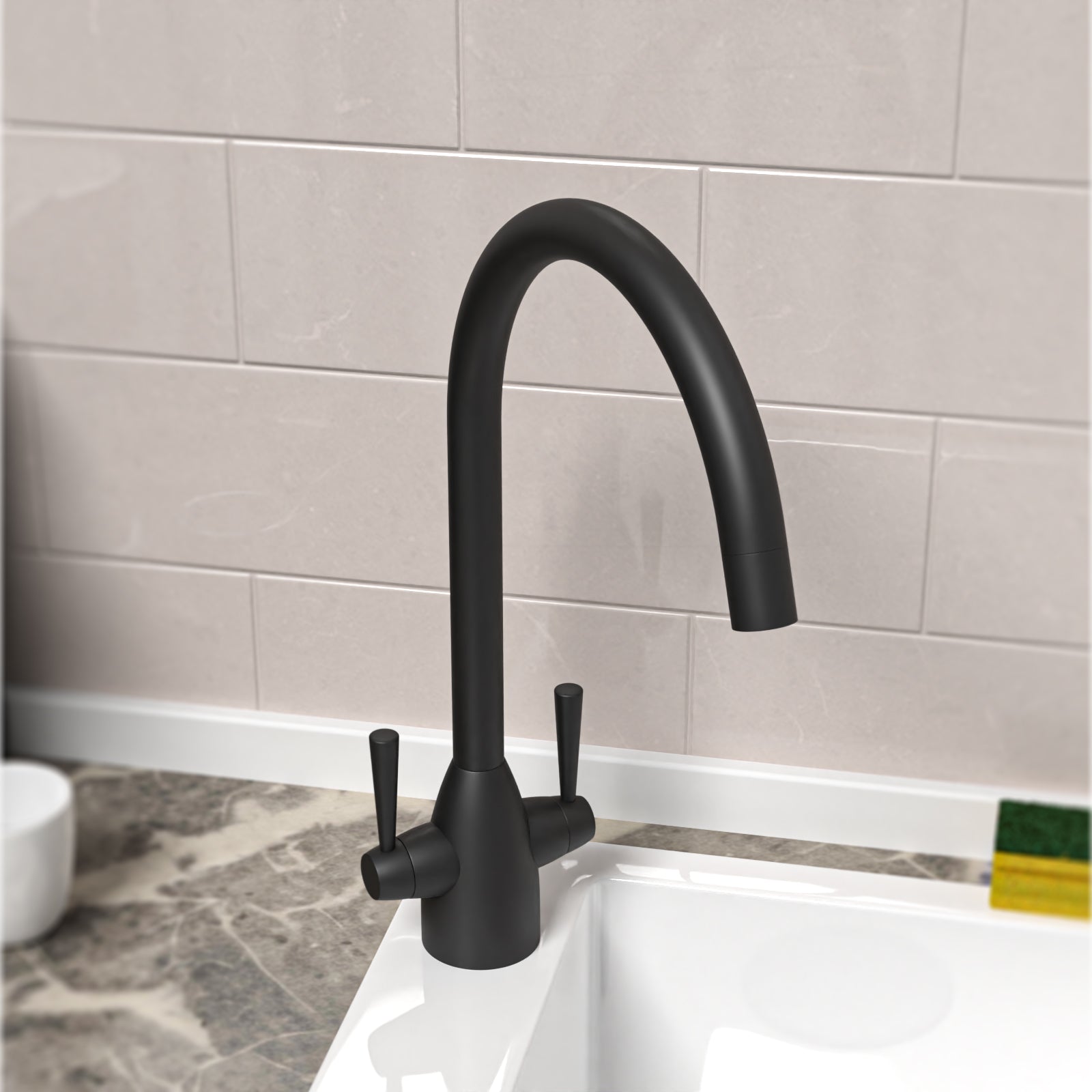 Matt Black Modern Kitchen Sink Swivel Mixer Tap Dual Lever