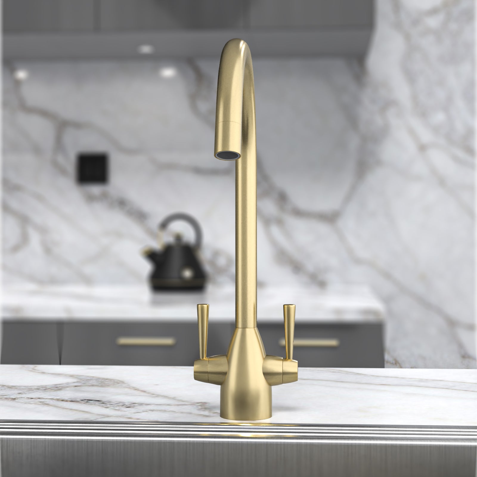 Brushed Brass Modern Kitchen Sink Swivel Mixer Tap Dual Lever