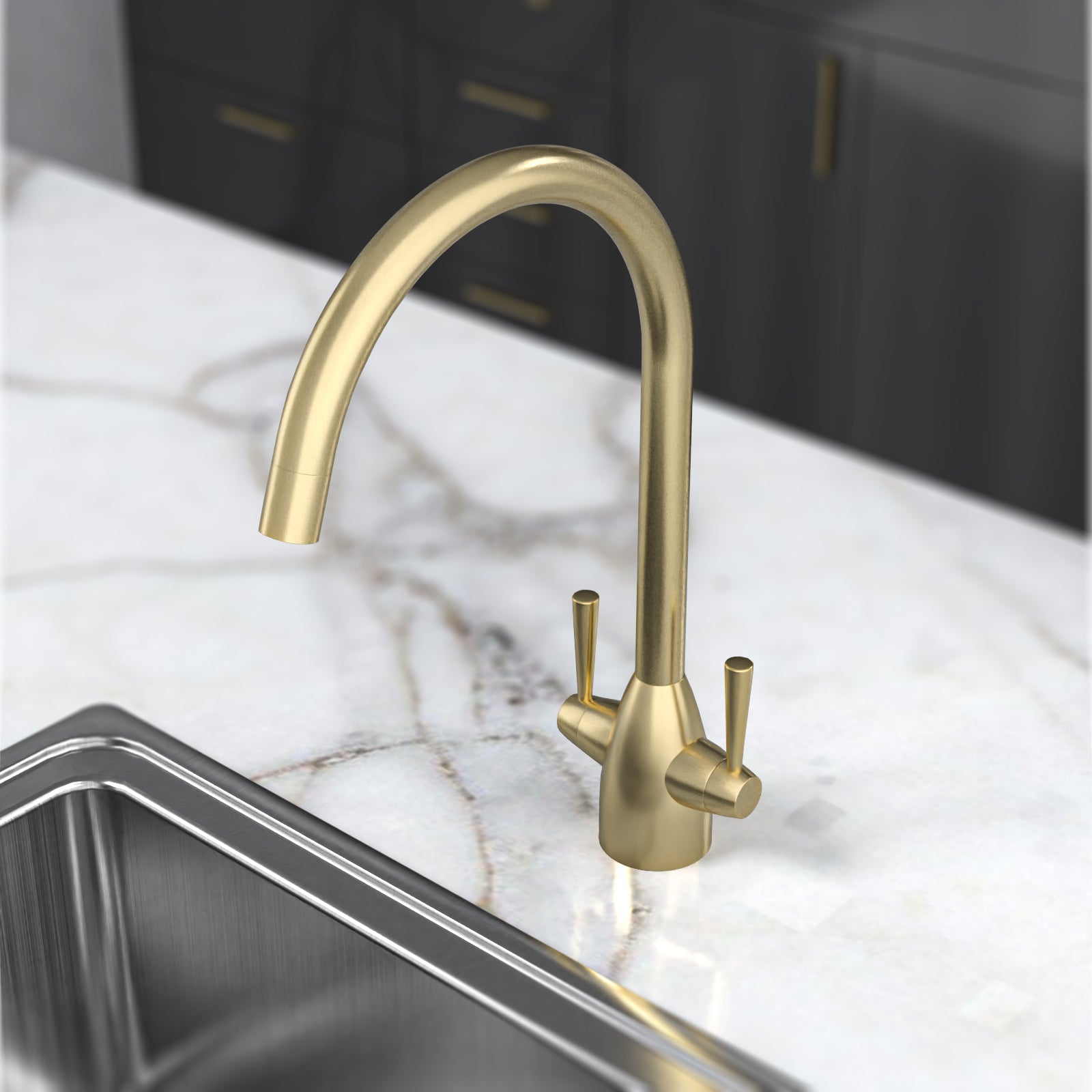 Brushed Brass Modern Kitchen Sink Swivel Mixer Tap Dual Lever