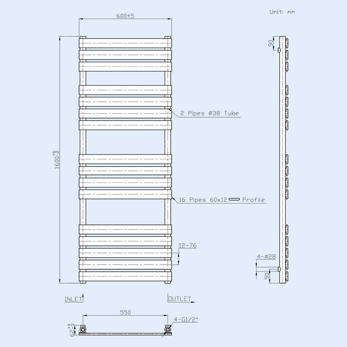 Norden 1600 x 600mm Straight Radiator Towel Rail Chrome