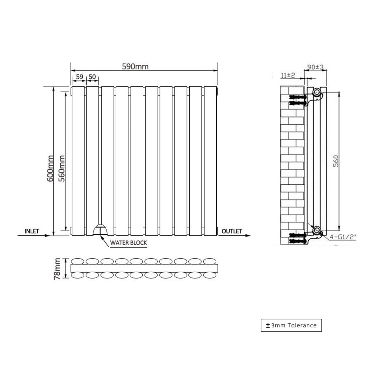 Norden 600 x 590mm Horizontal Double Oval Tube Anthracite Designer Radiator