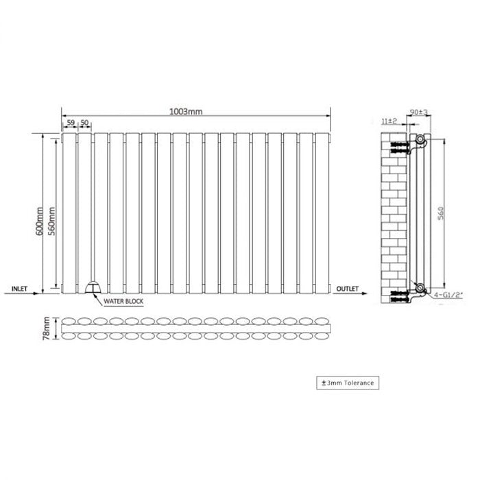 Norden 600 x 1003 mm Horizontal Double Oval Tube Anthracite Designer Radiator