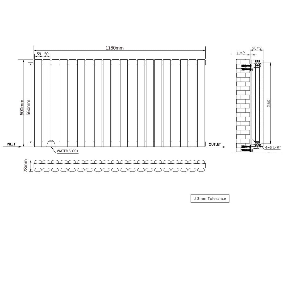 Norden 600 x 1180 mm Horizontal Double Oval Tube White  Designer Radiator