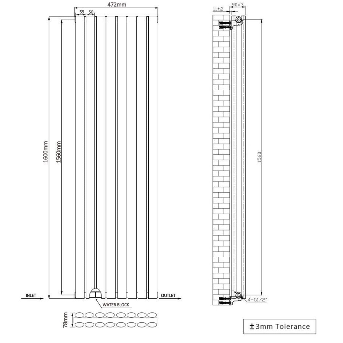 Norden 1600 x 472 mm Vertical Double Oval Tube White Designer Radiator