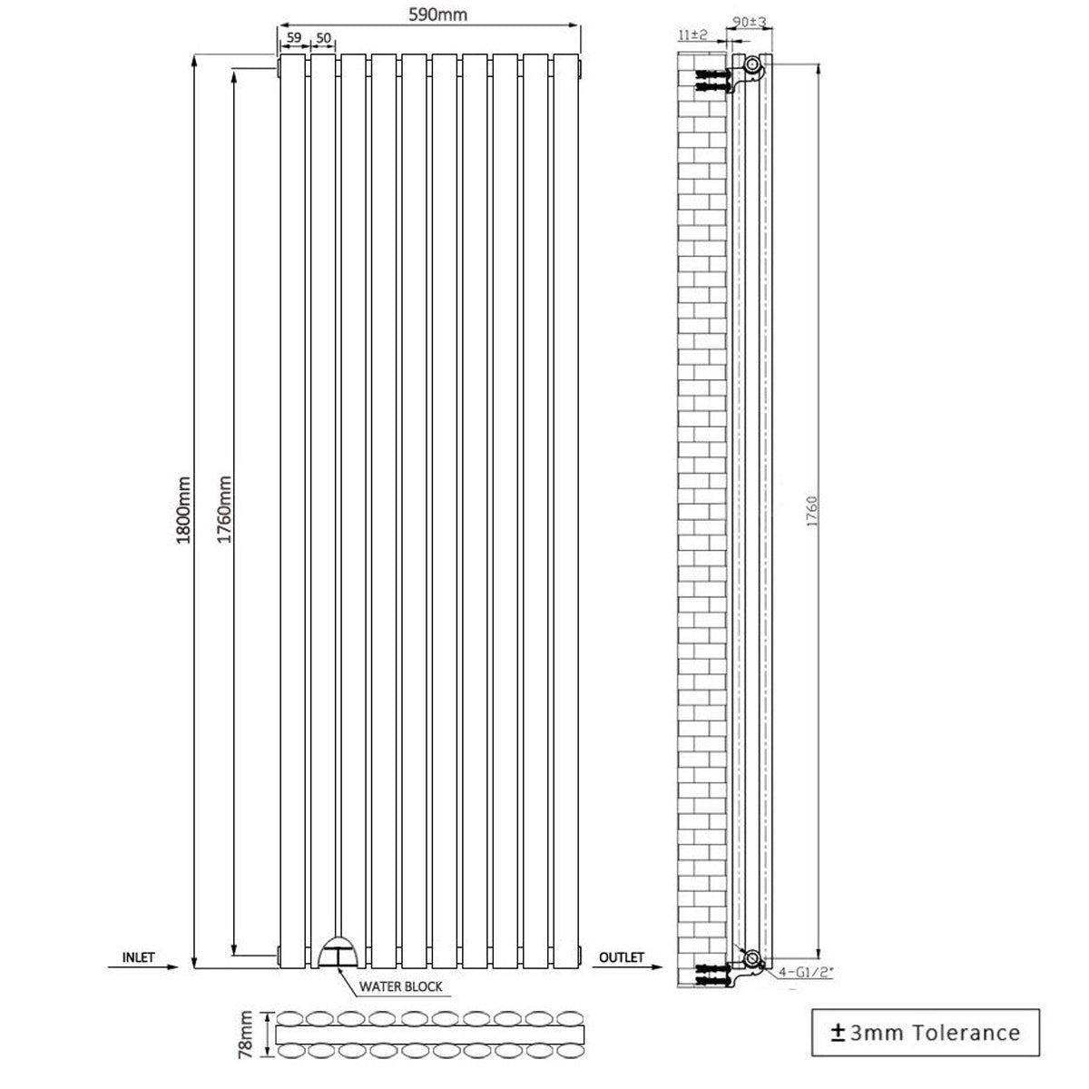 Norden 1800 x 590 mm Vertical Double Oval Tube Anthracite Designer Radiator