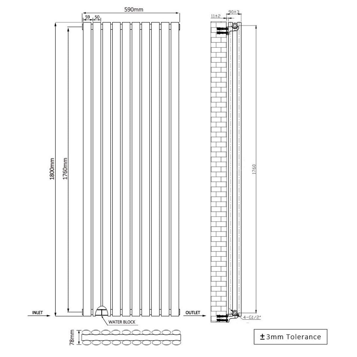 Norden 1800 x 590 mm Double Oval Tube Vertical Designer Radiator White