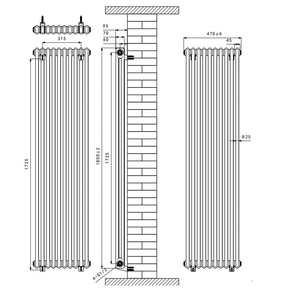 Norden 1800 x 470 mm Double Oval Tube Vertical White Designer Radiator