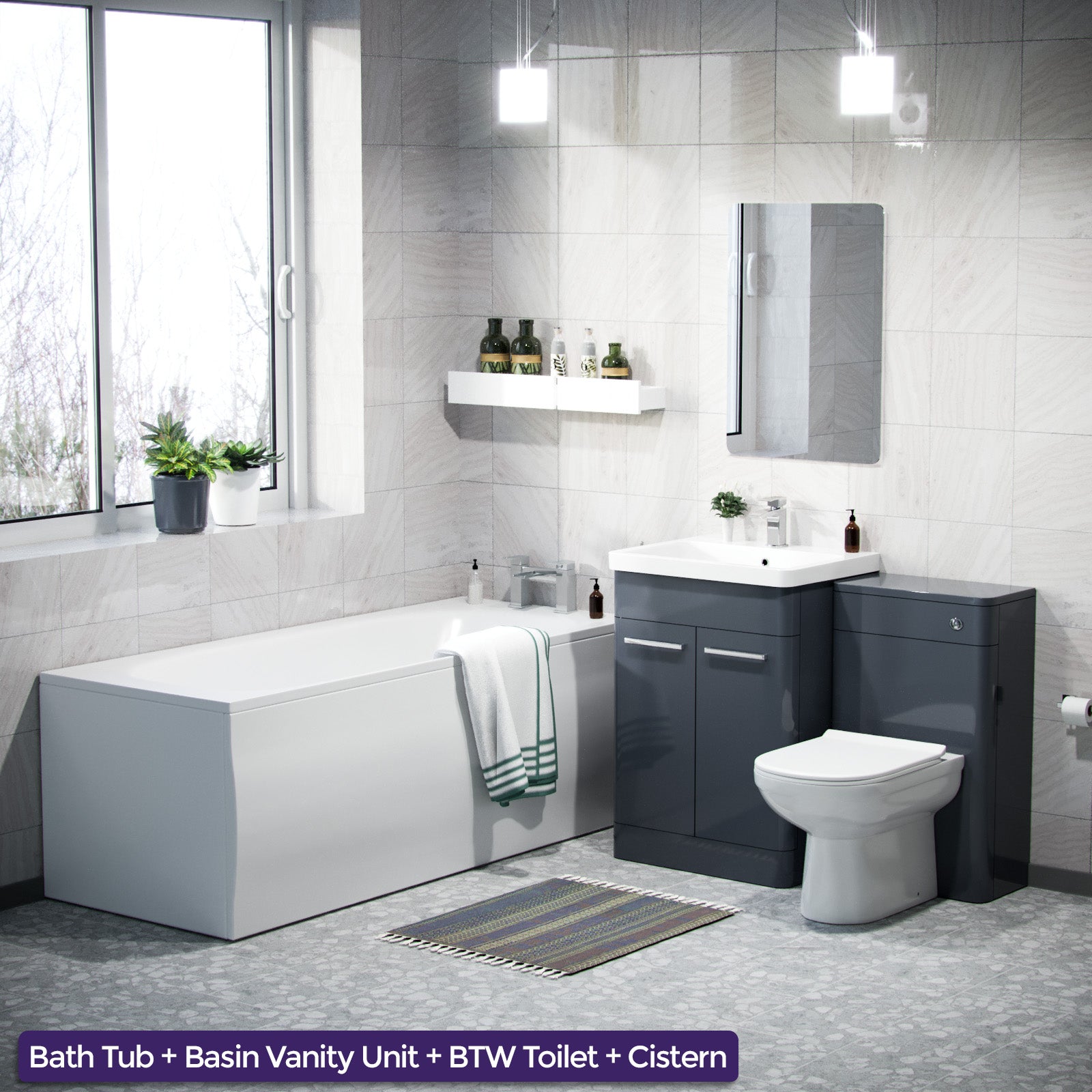 Afern Dark Grey 3 Piece Bathroom Suite 600mm Vanity, WC, BTW Toilet & Straight Bath
