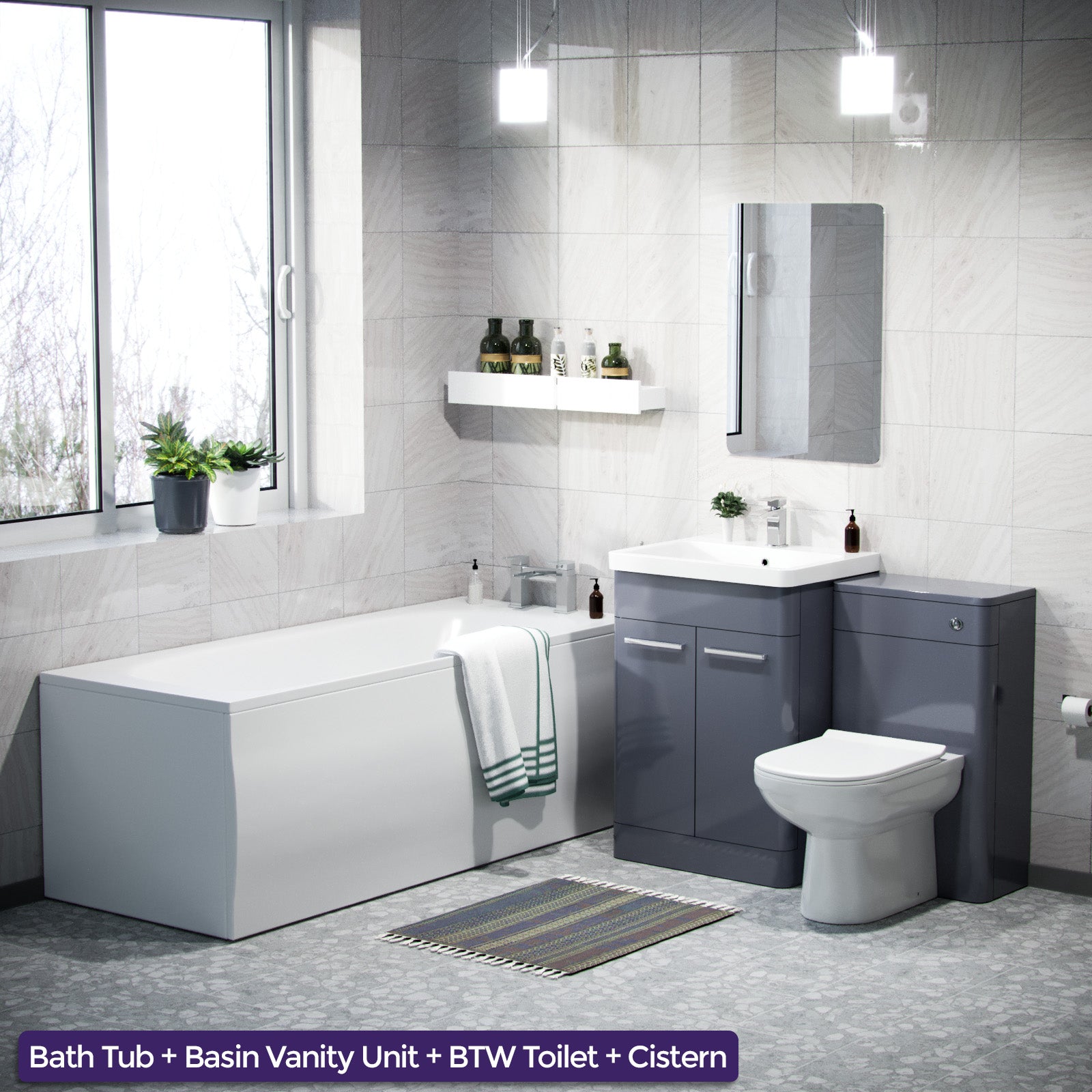 Afern Grey 3 Piece Bathroom Suite Vanity, WC, BTW Toilet & Straight Bath