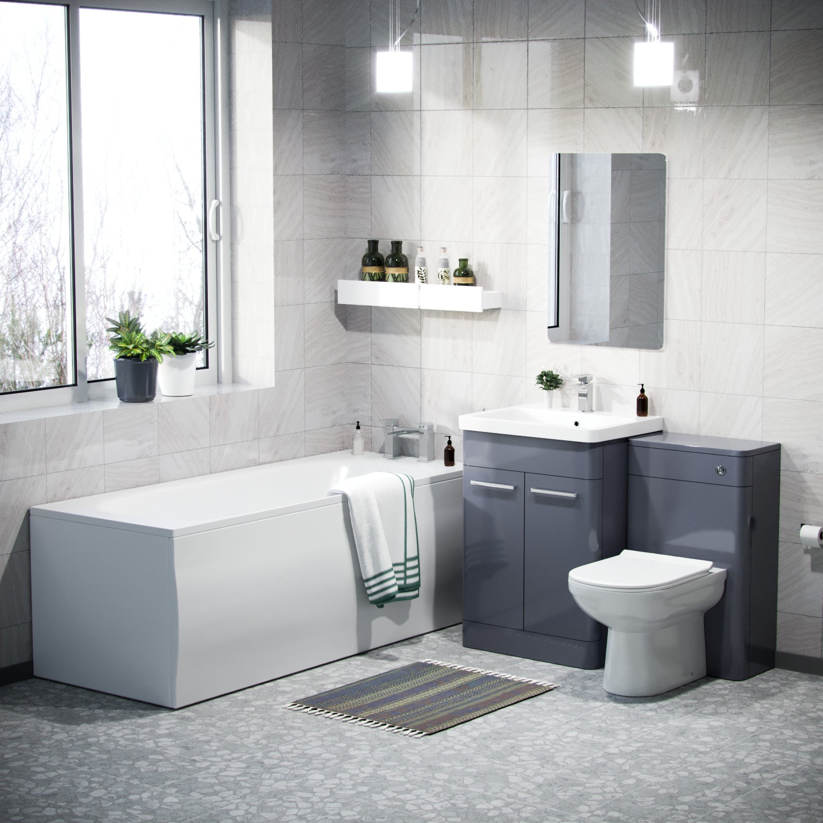 Afern Grey 3 Piece Bathroom Suite Vanity, WC, BTW Toilet & Straight Bath