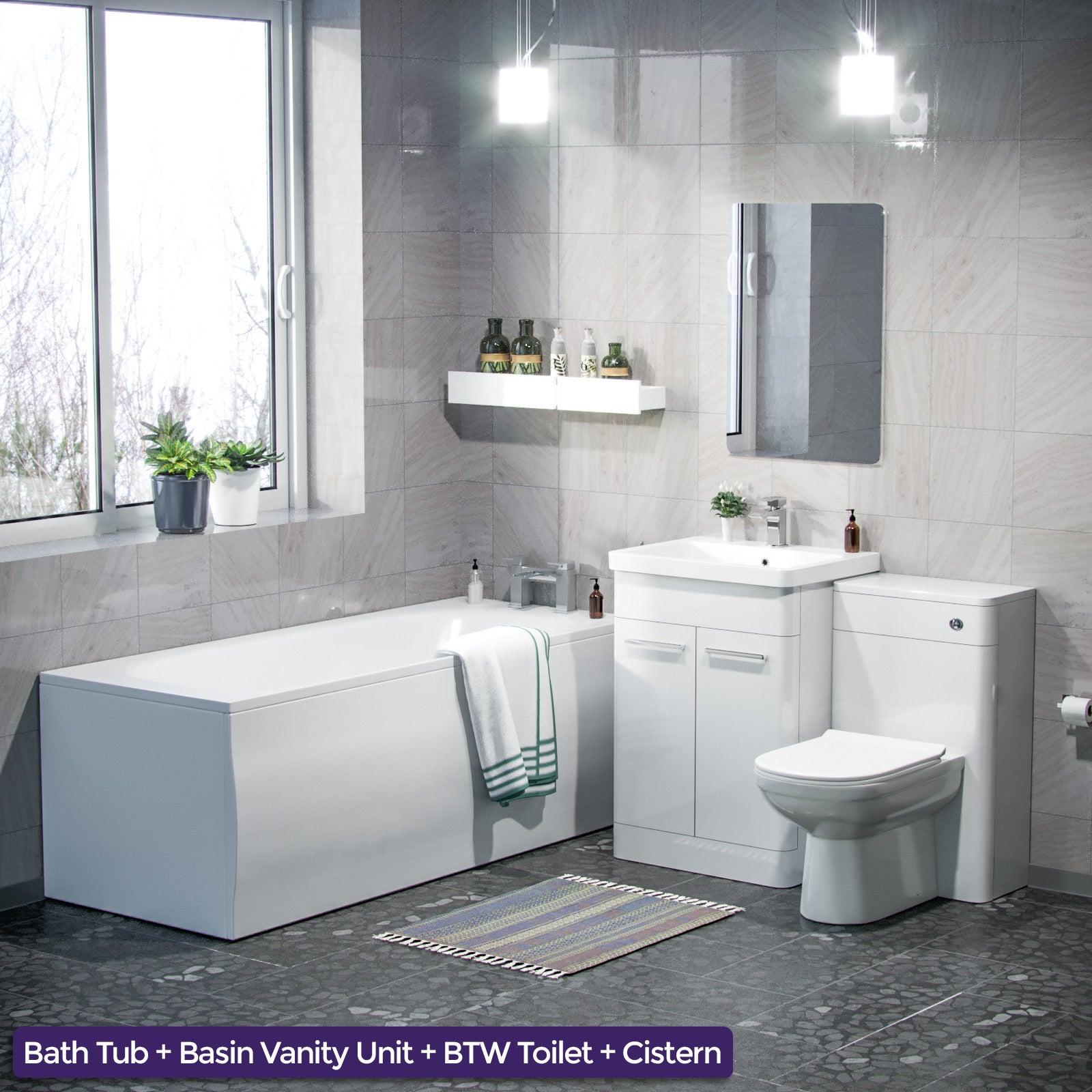 3-Piece High Gloss White Bathroom Suite 600mm Vanity, WC, BTW Toilet & Bath