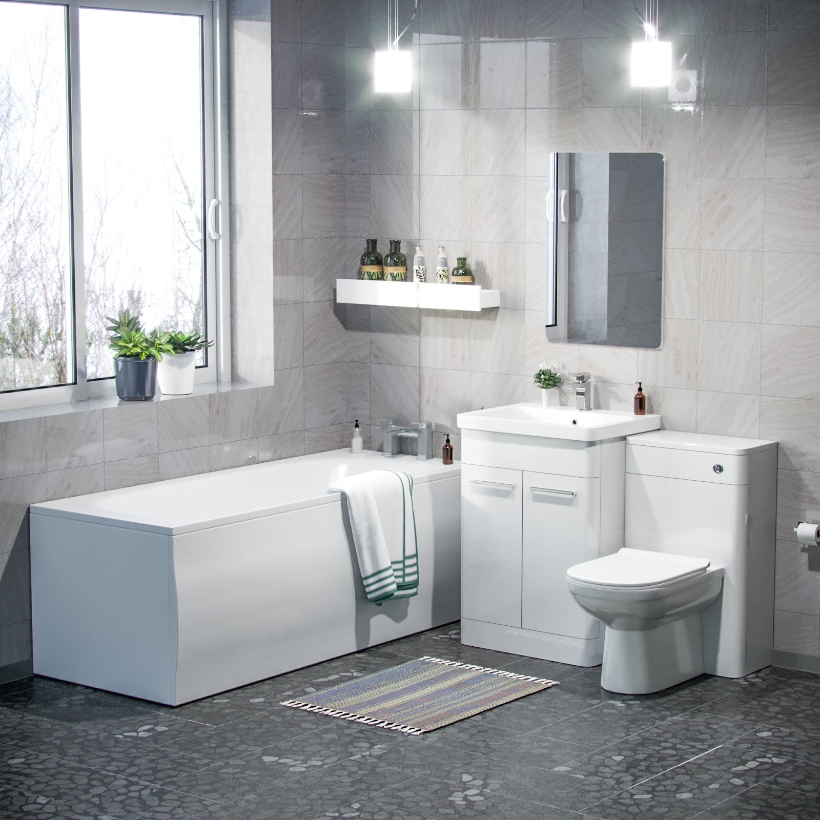 3-Piece High Gloss White Bathroom Suite 600mm Vanity, WC, BTW Toilet & Bath