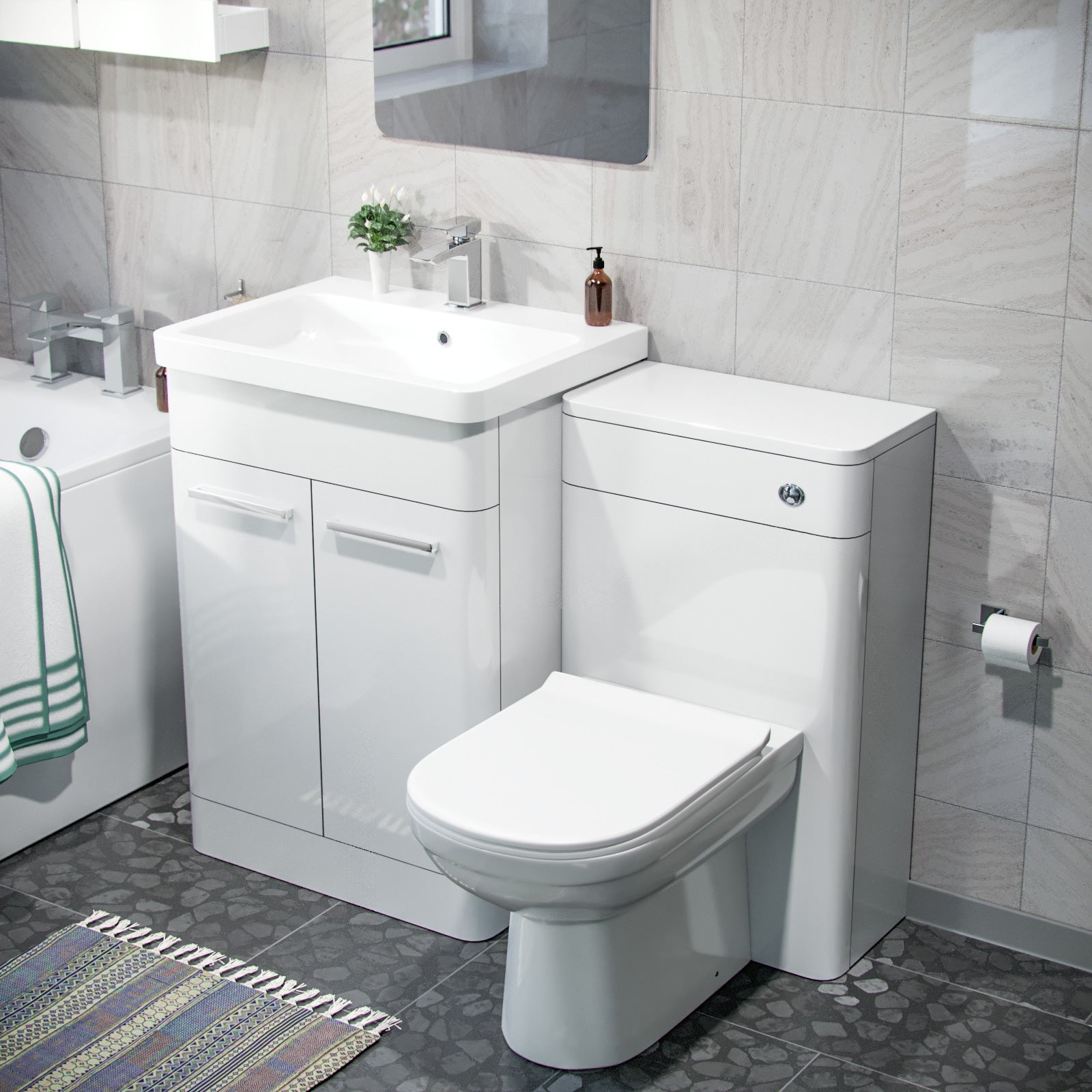 3-Piece High Gloss White Bathroom Suite 600mm Vanity, WC, BTW Toilet & Bath