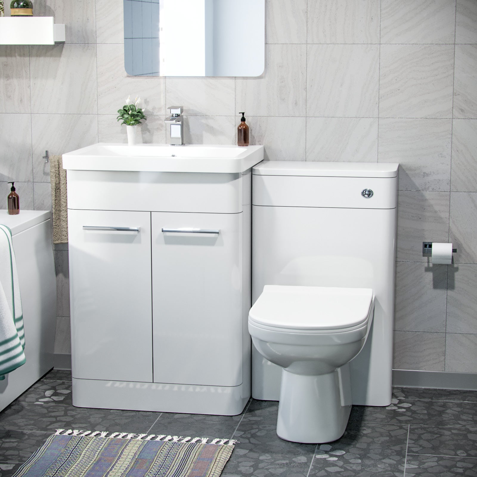 3-Piece High Gloss White Bathroom Suite 600mm Vanity, WC, BTW Toilet & Bath