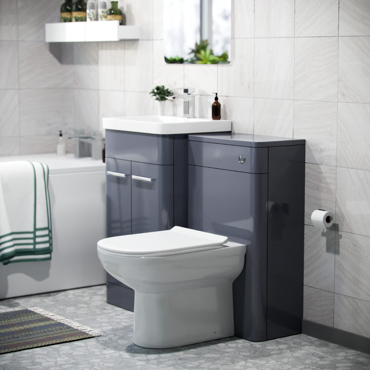 500mm Basin Vanity Unit, WC Unit, BTW Toilet & Bath Suite Steel Grey