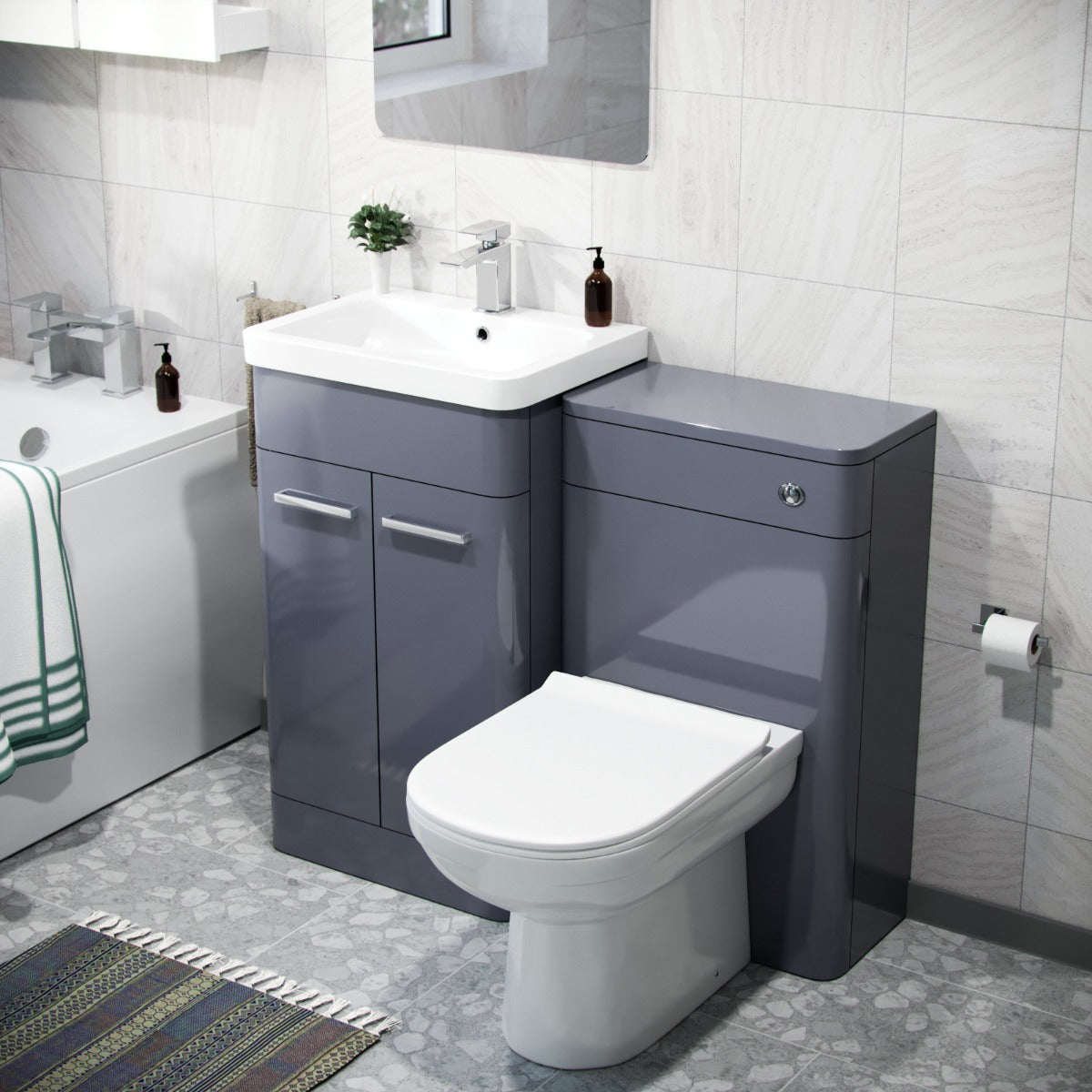 500mm Basin Vanity Unit, WC Unit, BTW Toilet & Bath Suite Steel Grey