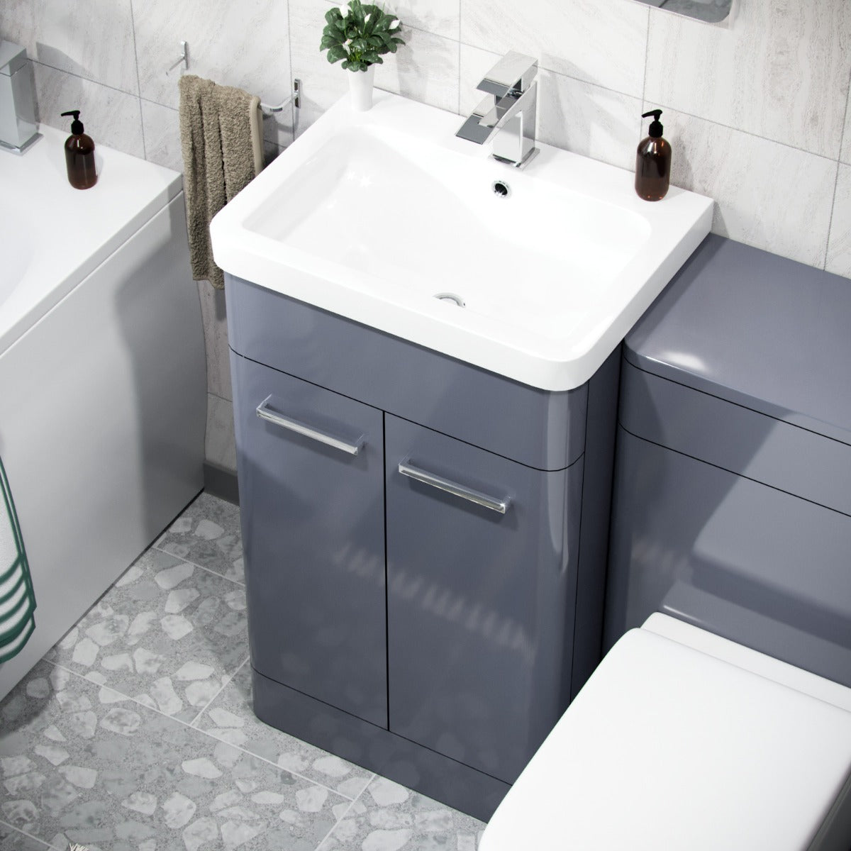 500mm Basin Vanity Unit, WC Unit, BTW Toilet & Bath Suite Steel Grey