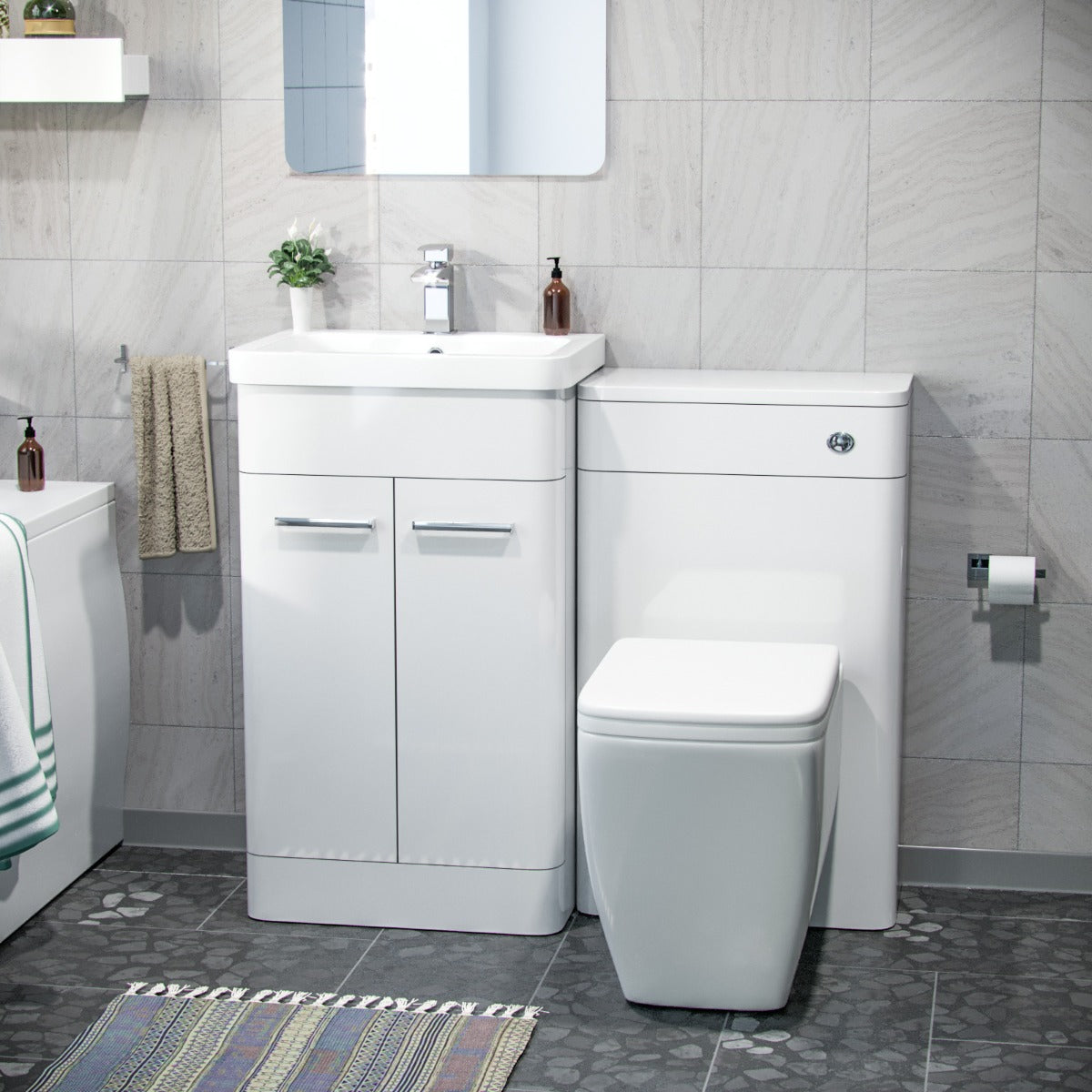 White 500mm Vanity Cabinet WC BTW Square Toilet & Bath Bathroom Suite
