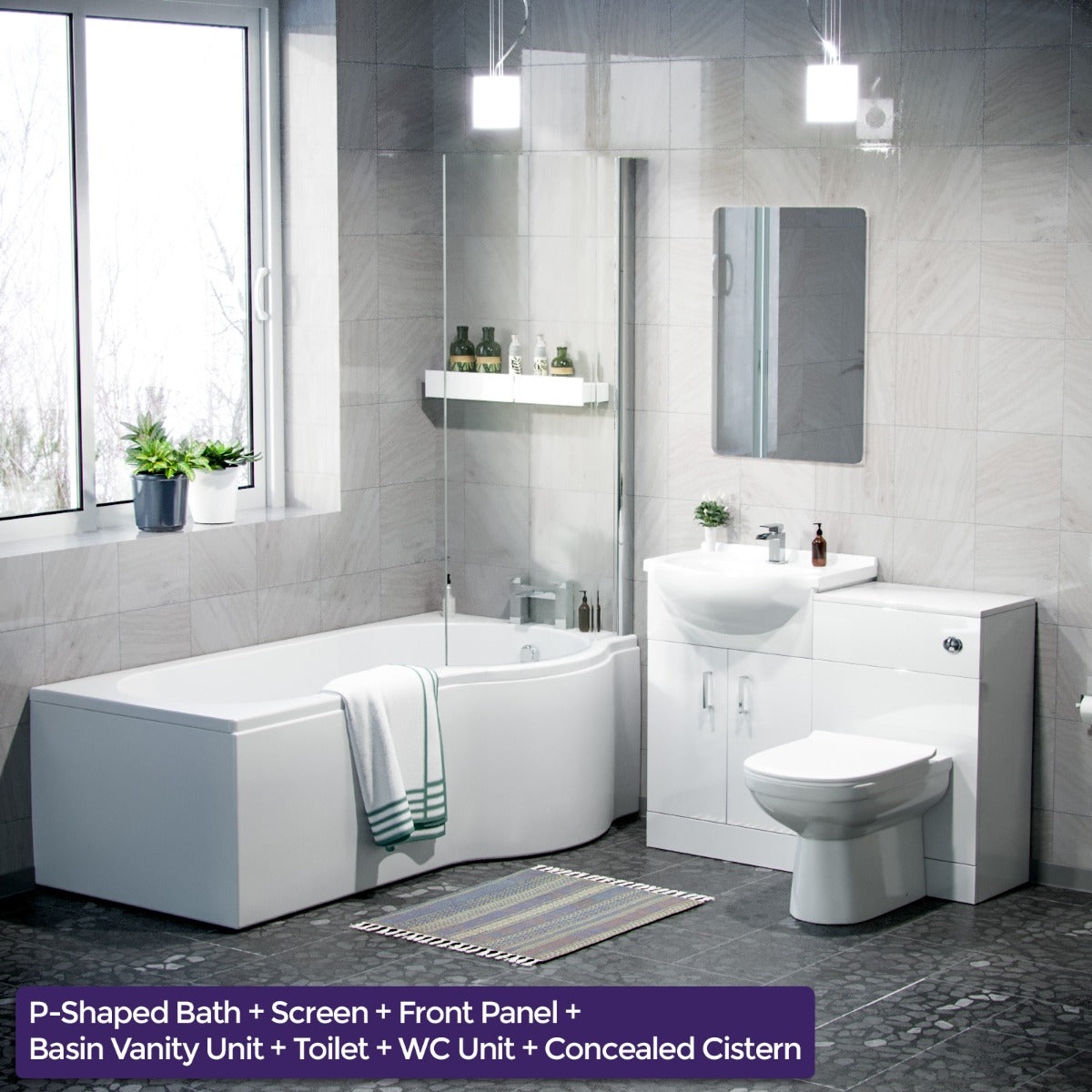 White P-Shaped RH Bath 550mm Vanity WC Unit & Curved BTW Toilet