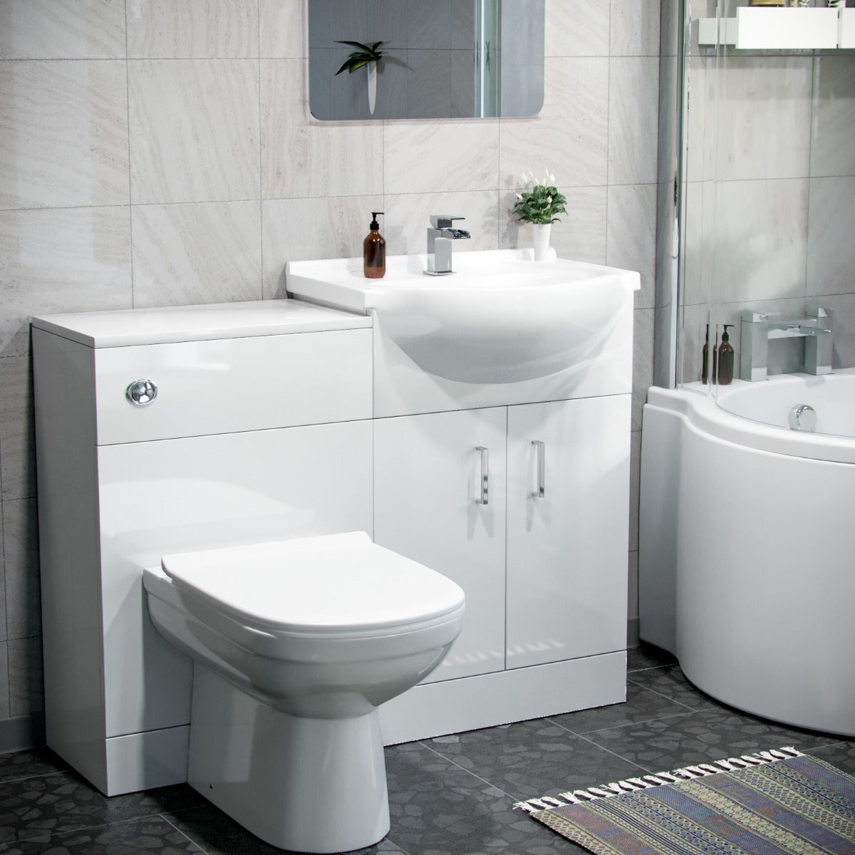 White P-Shaped LH Bath 550mm Vanity WC Unit & Curved BTW Toilet