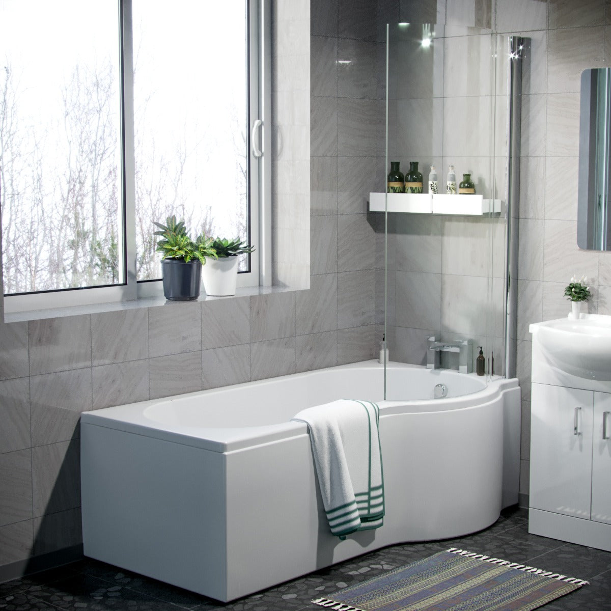 Ellen White P-Shaped Right Handed Bath 550mm Vanity Basin WC Unit and Rimless Toilet Suite