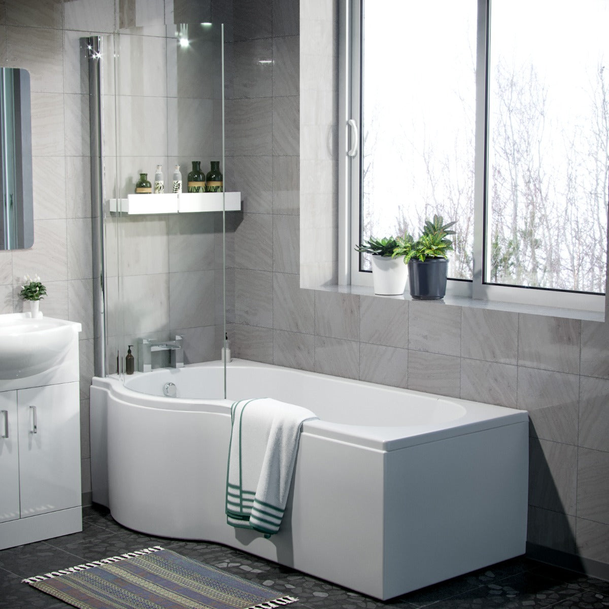Ellen White P-Shaped Left Handed Bath 550mm Vanity Basin WC Unit and Rimless Toilet Suite