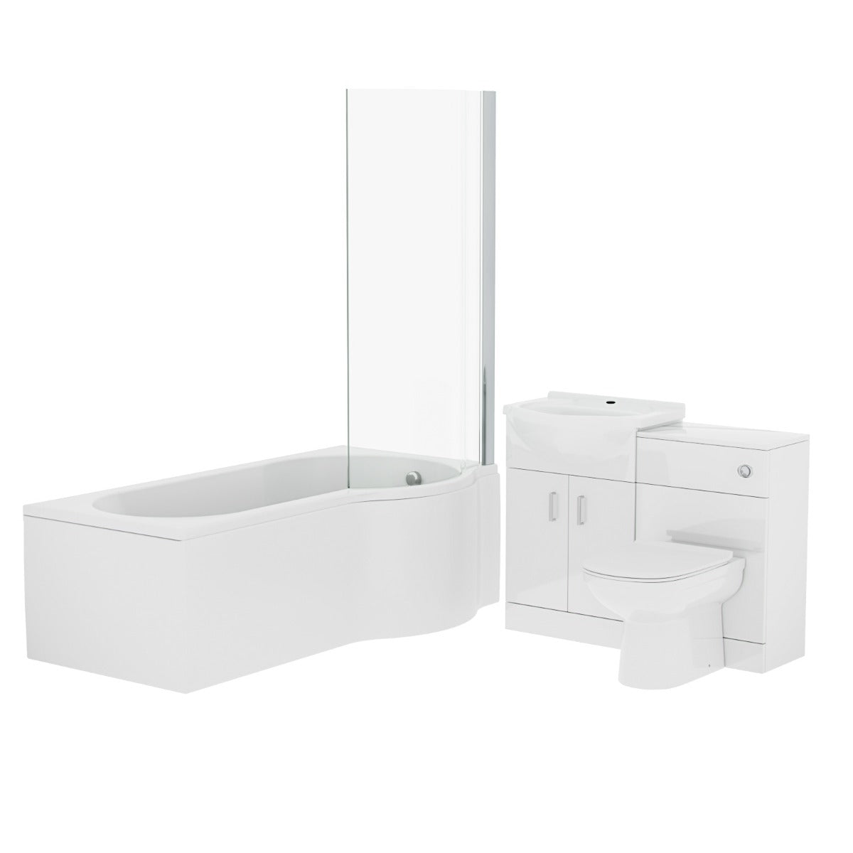 White P-Shaped RH Bath 550mm Vanity WC Unit & Curved BTW Toilet