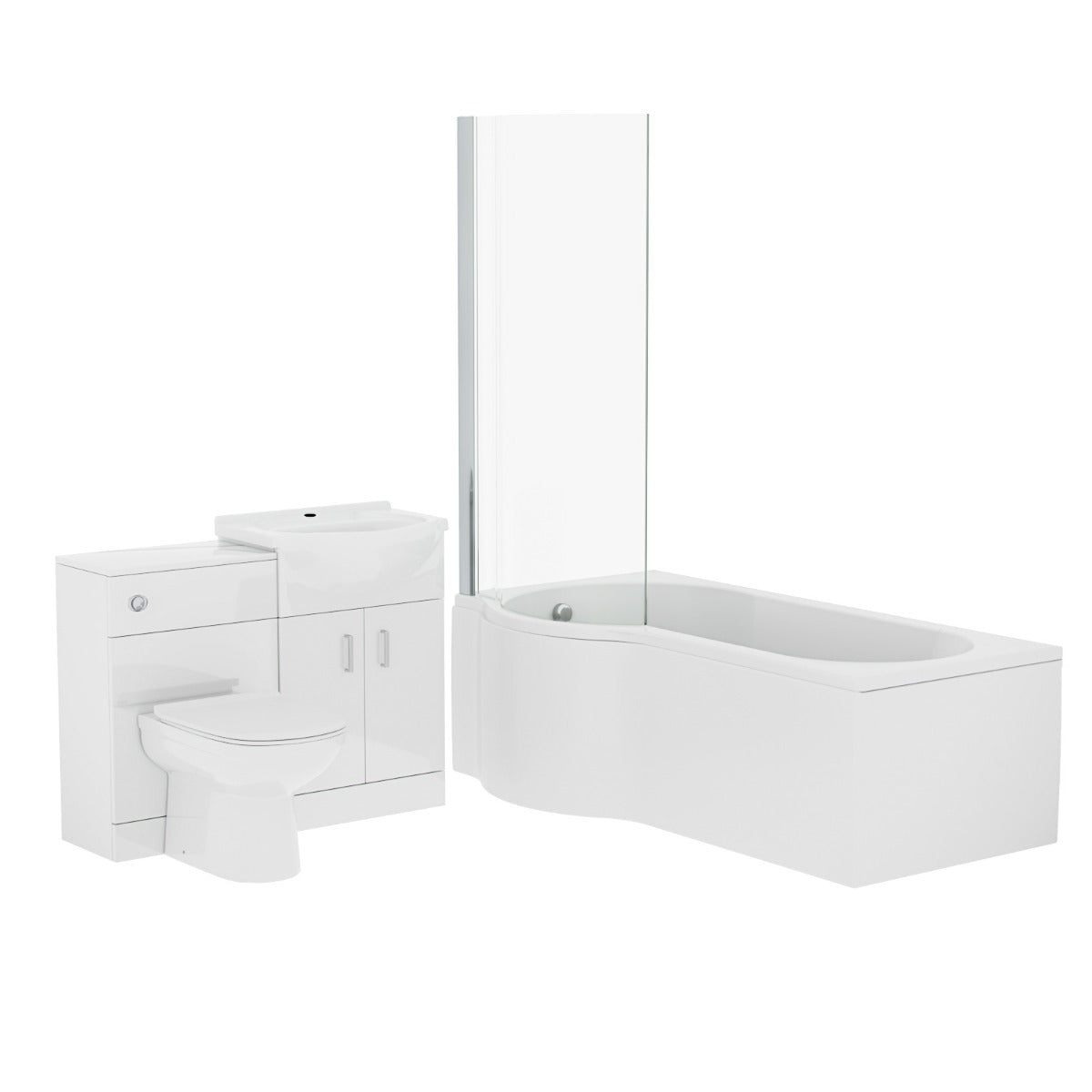 White P-Shaped LH Bath 550mm Vanity WC Unit & Curved BTW Toilet