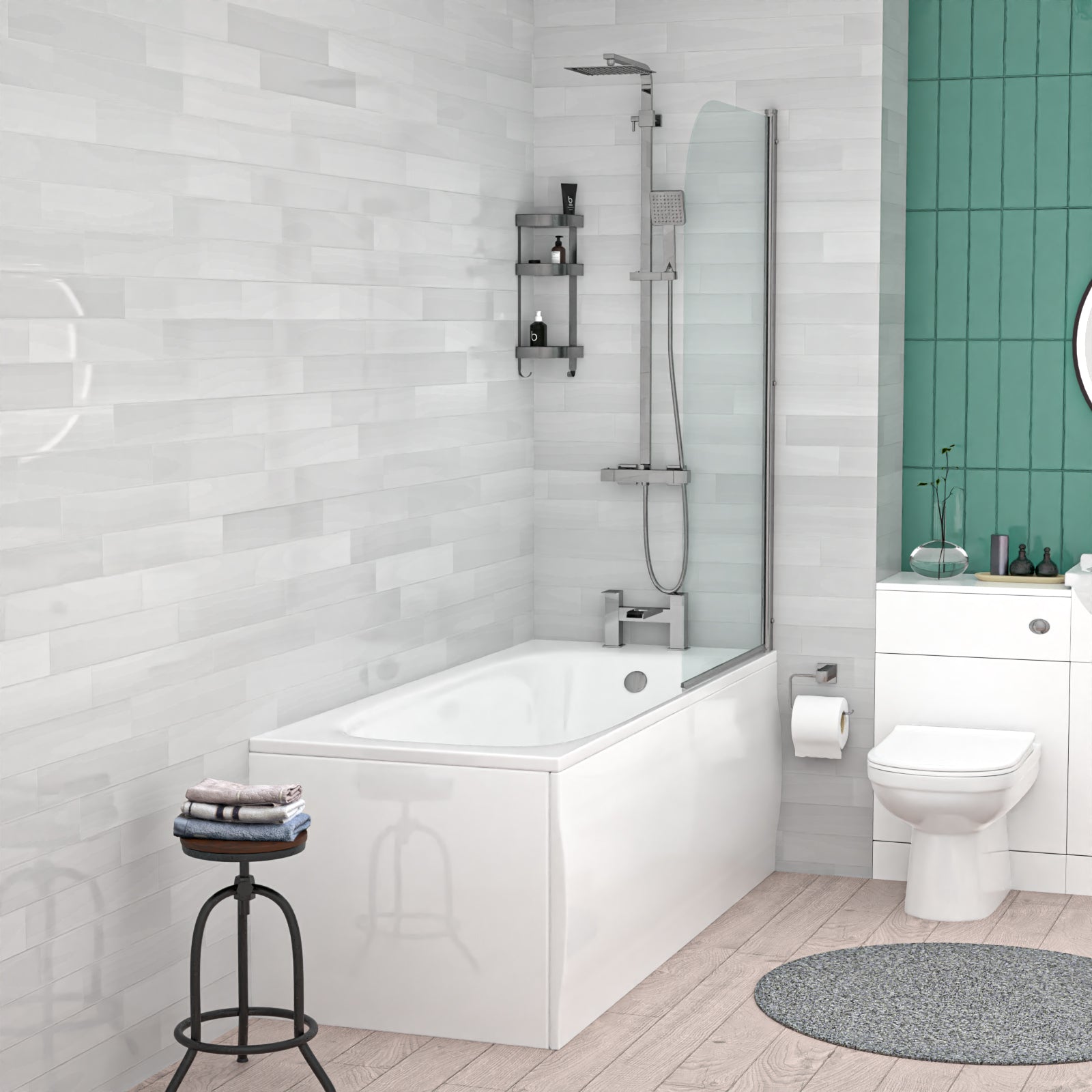 Bath With Shower Mixer, Screen, Basin Vanity, BTW Toilet and Tap Suite