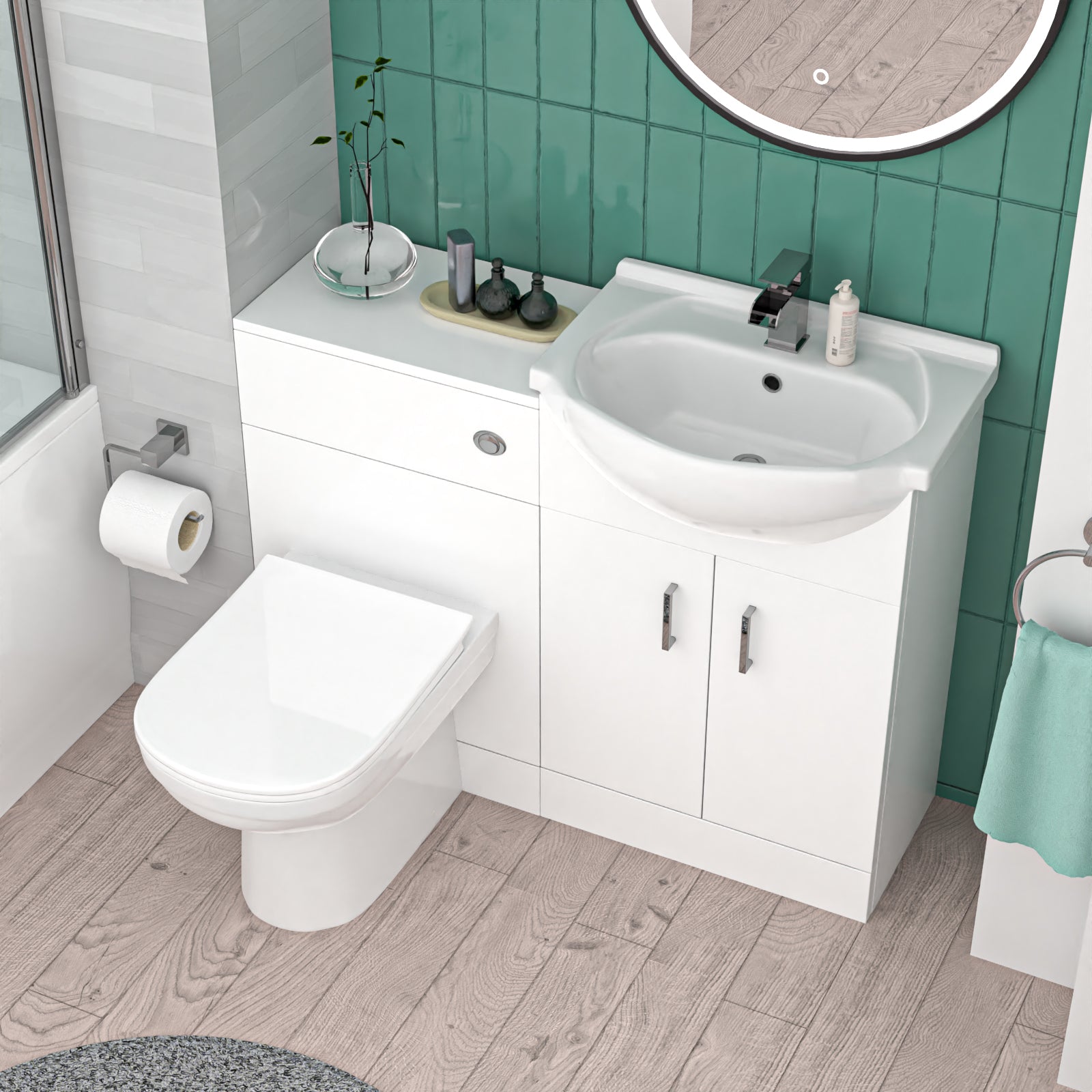 Bath With Shower Mixer, Screen, Basin Vanity, BTW Toilet and Tap Suite
