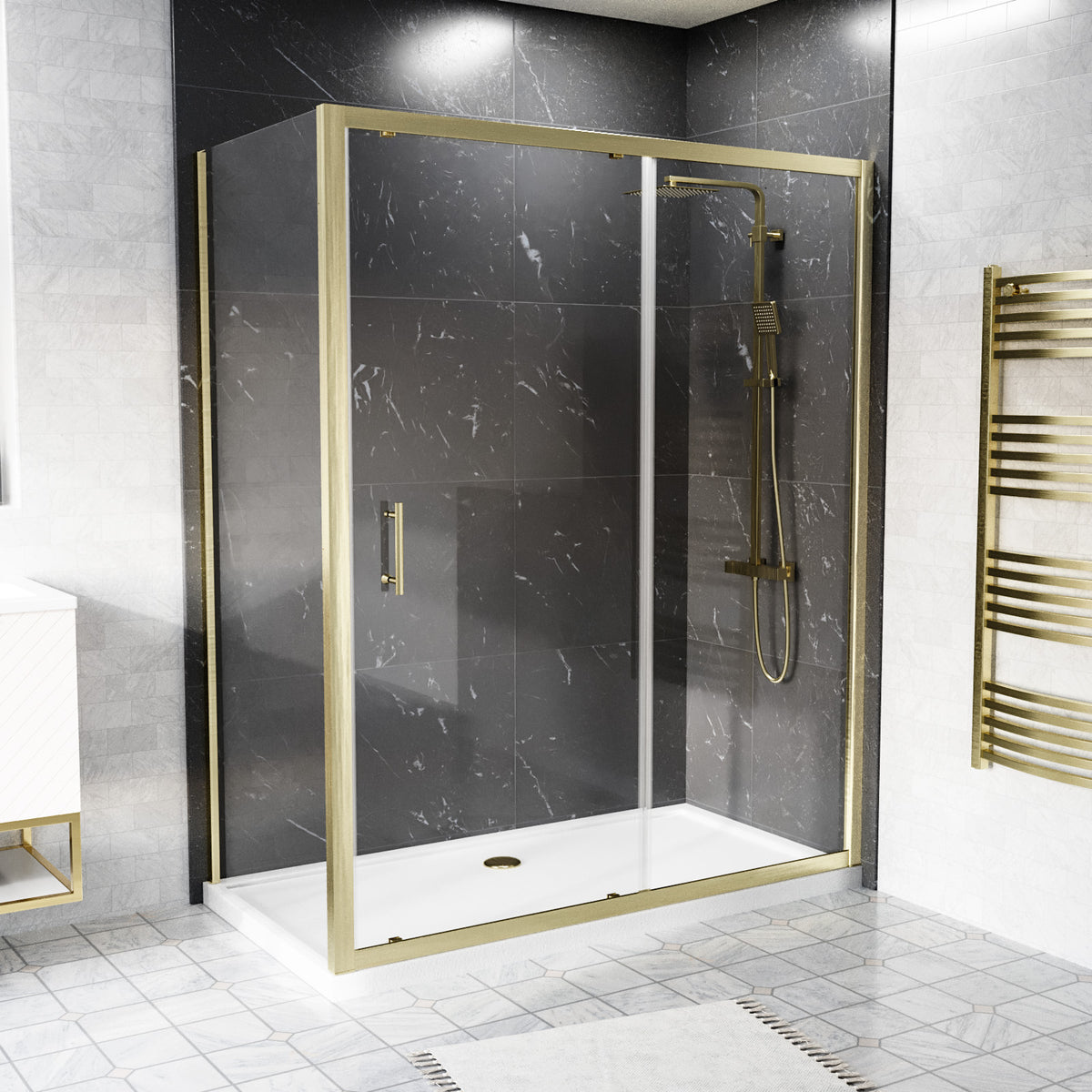 Shower 1400 x 1850mm Slider Door With 700mm Side Panel & Tray - Brushed Brass
