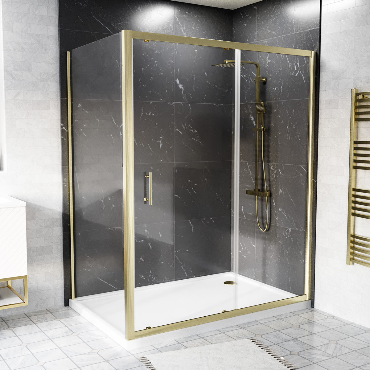 Shower 1500 x 1850mm Slider Door With 1000 x 1850mm Side Panel - Brushed Brass