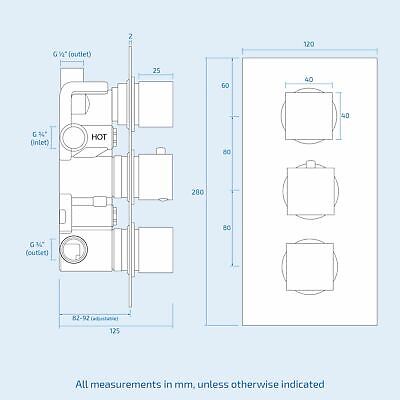 Bathroom 3 Dial 3 Way Concealed Square Thermostatic Shower Mixer Valve Chrome