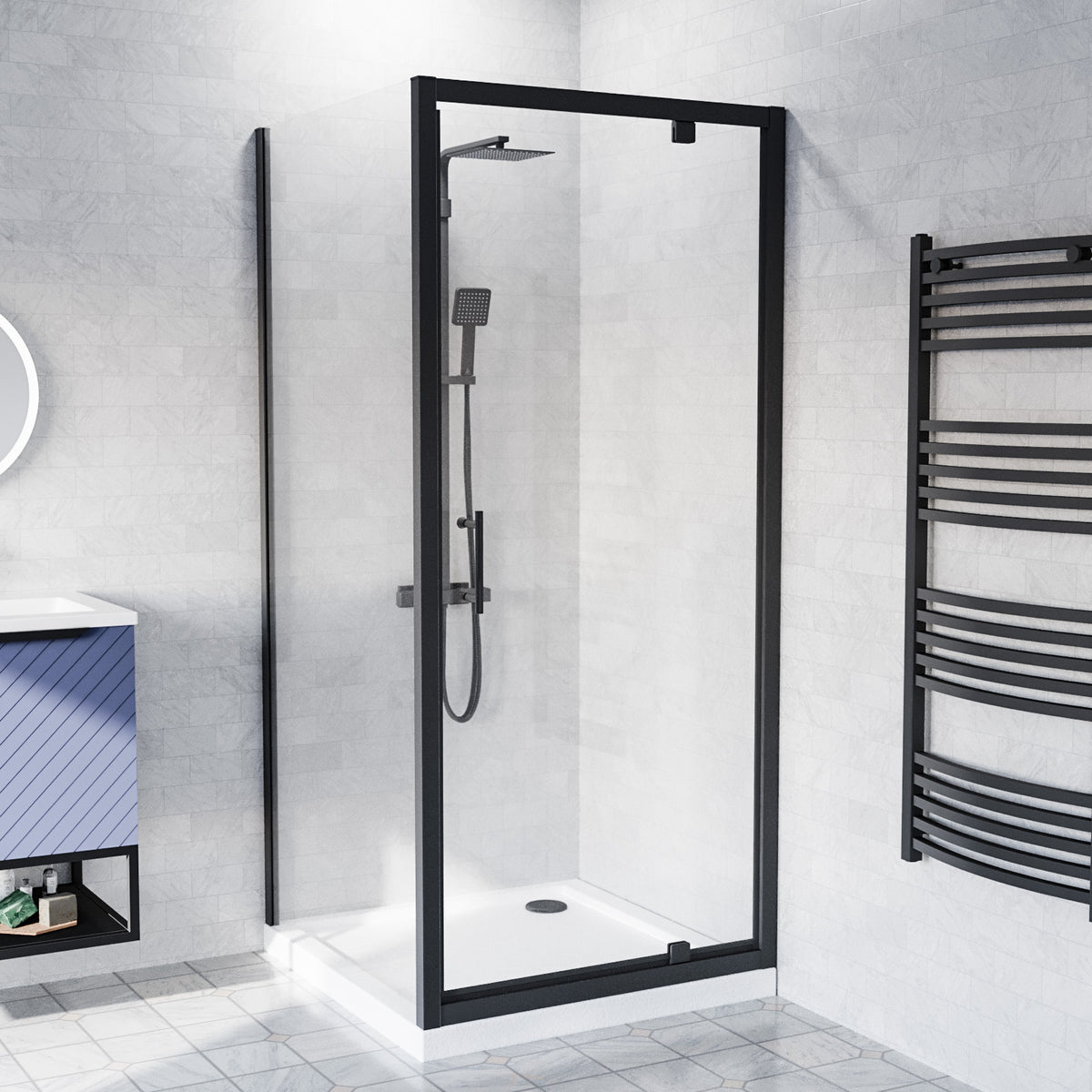 Shower Pivot Door 800mm x 1850mm & Side Panel with Tray & Waste - Matte Black