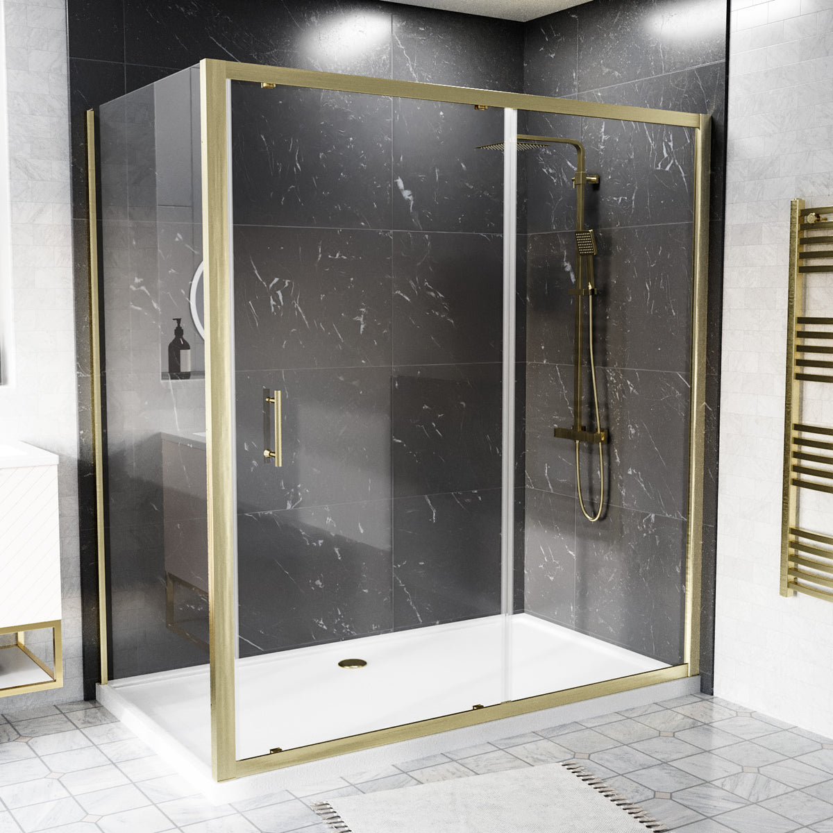 Shower 1700 x 1850mm Slider Door With 1000 x 1850mm Side Panel - Brushed Brass