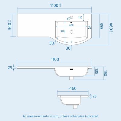 Dene White 1100mm Bathroom P-Shape RH Basin Vanity Unit WC BTW Toilet