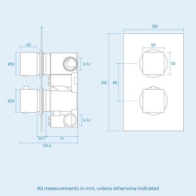 Temel Matte Black Voilet 2 Dial 2 Outlet Square Concealed Thermostatic Mixer Valve, Shower Head & Handset