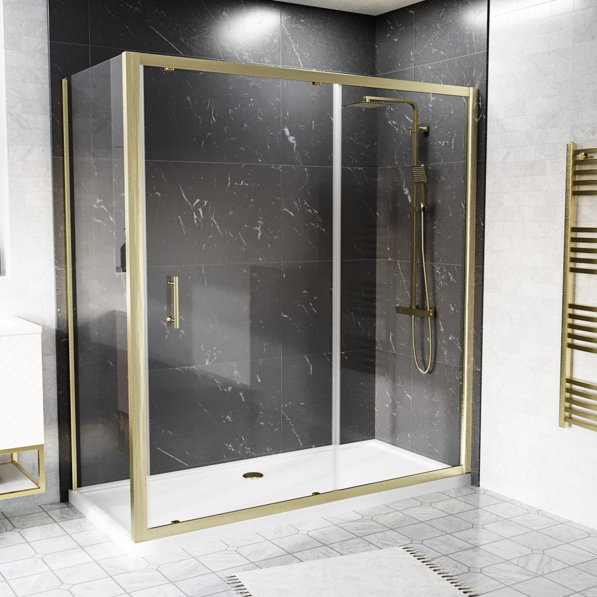 Shower 1700 x 1850mm Slider Door With 700 x 1850mm Side Panel & Tray - Brushed Brass