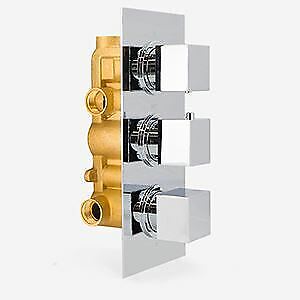 Bathroom 3 Dial 3 Way Concealed Square Thermostatic Shower Mixer Valve Chrome