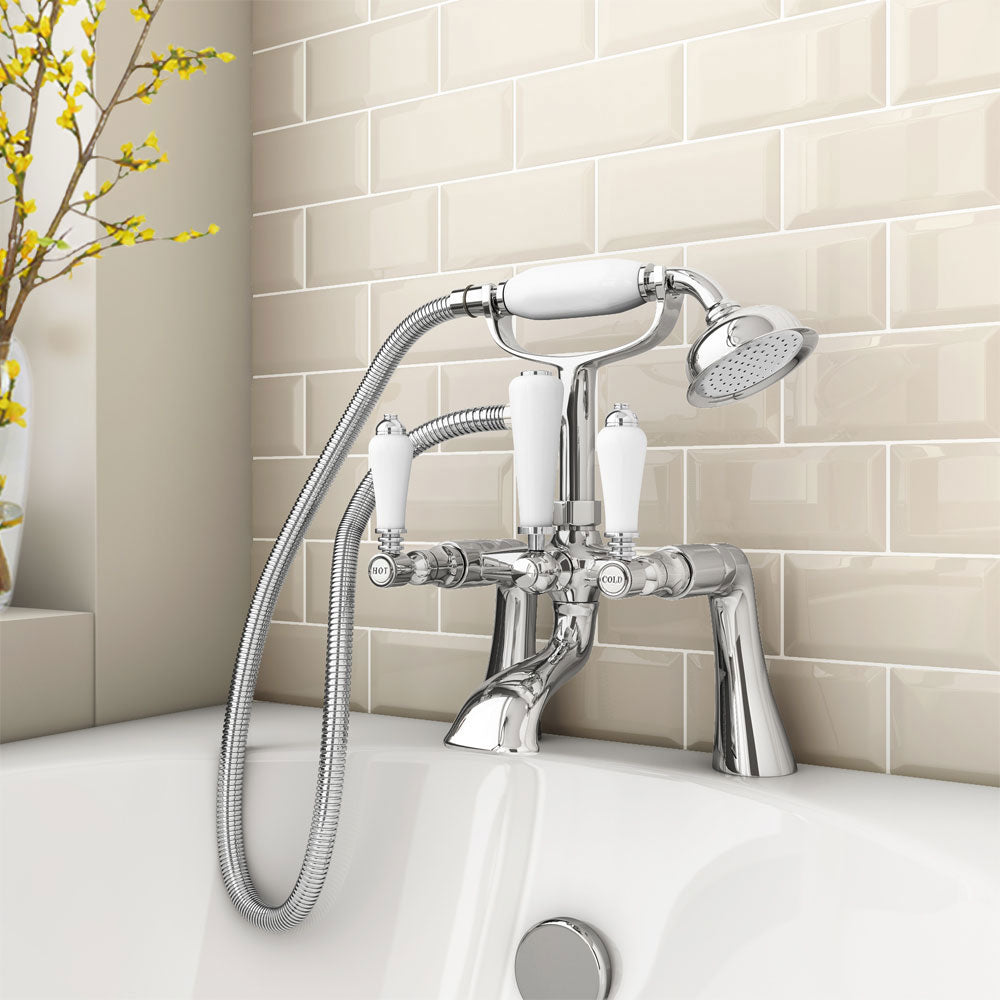 Edwardian Traditional Set Of Twin Basin Taps & Bath Shower Mixer Tap With Handheld Kit