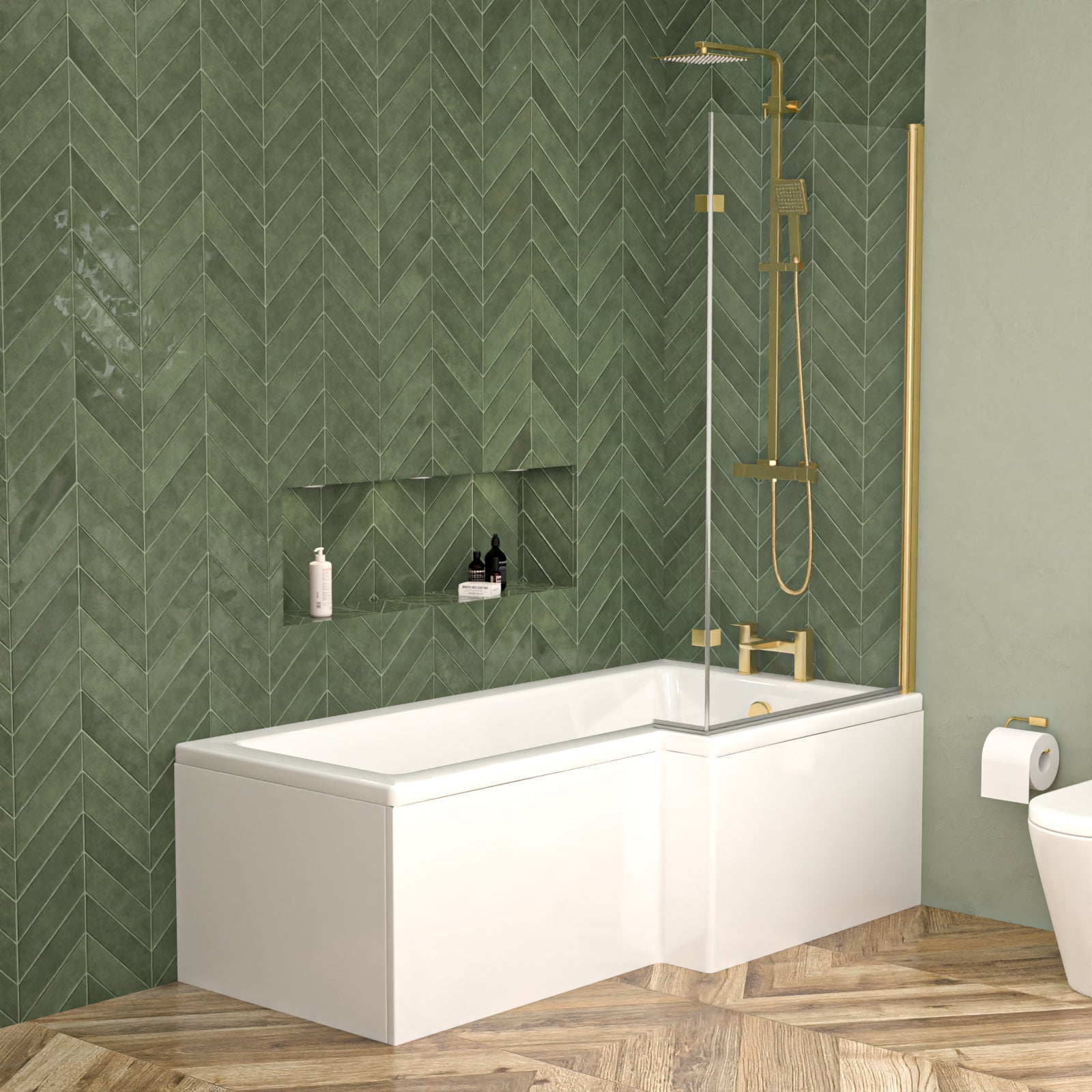 Right Hand L Shaped Shower Bath With Front Panel & Brushed Brass Screen