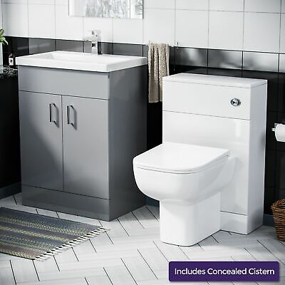 Nayuna 600mm Light Grey Basin Flat Pack Vanity Unit & WC Toilet Pan Cabinet Suite