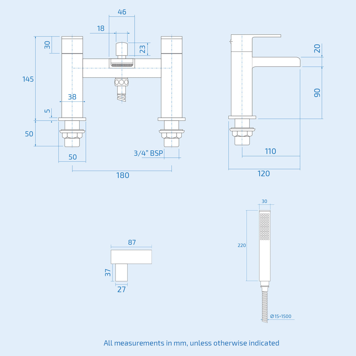 White 500mm Square Basin L-Shaped RH Bath Shower Panel Toilet Tap Set