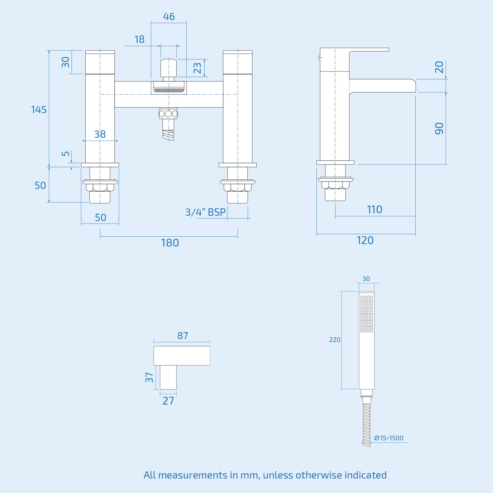 White 500mm Square Basin L-Shaped RH Bath Shower Panel Toilet Tap Set