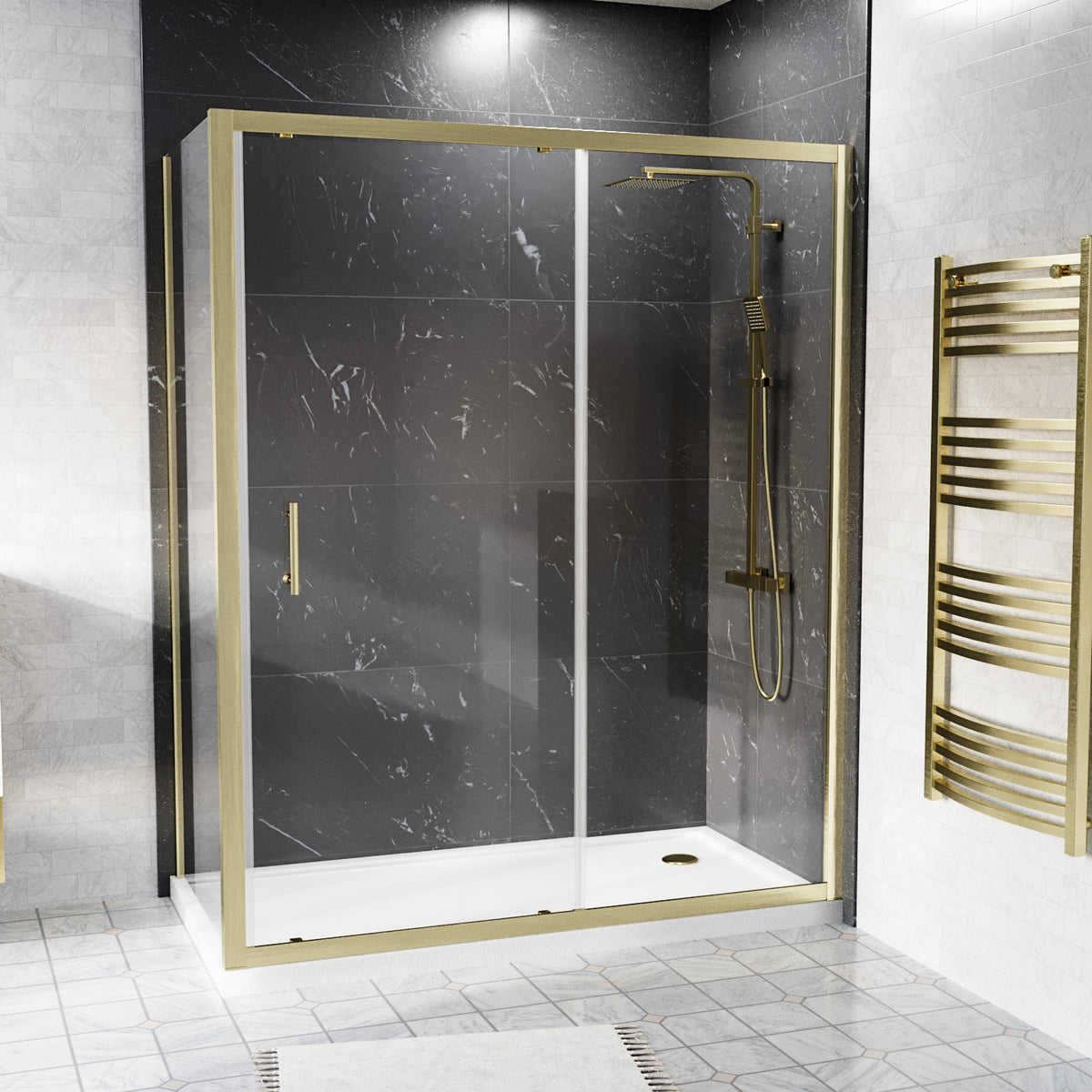 Shower 1500 x 1850mm Slider Door With 700 x 1850mm Side Panel - Brushed Brass
